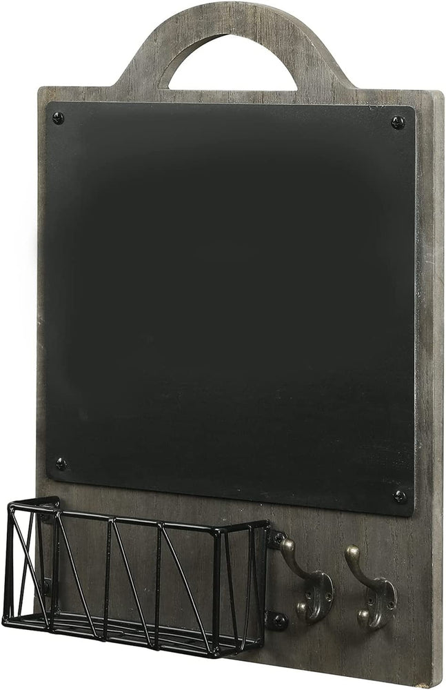 Gray Wood Entryway Wall Organizer with Mail and Key Holder, Chalkboard and Hooks, Family Organization Rack-MyGift