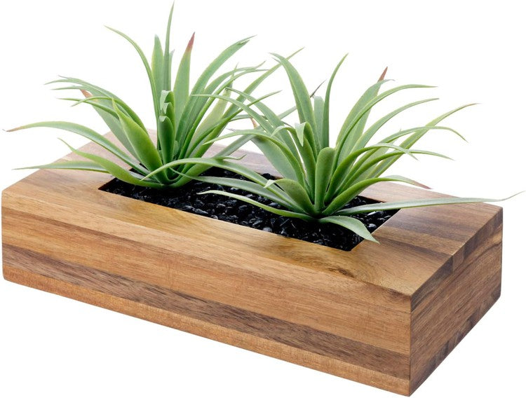 10 Inch Artificial Green Grass Plants in Acacia Wood Decorative Planter Pot, Faux Greenery in Rectangular Wood Container-MyGift