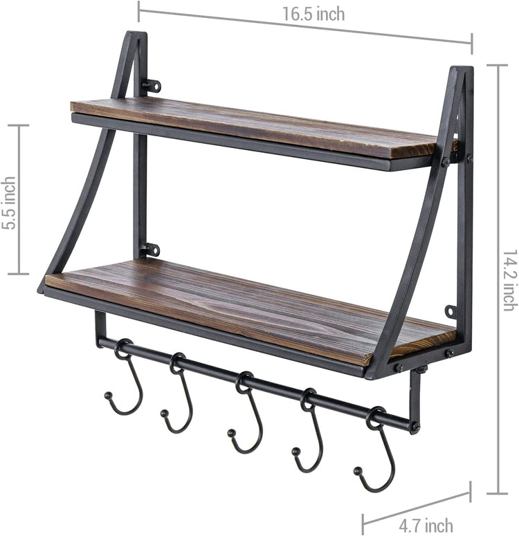 Floating Shelves with Industrial Metal and Burnt Wood, Wall Mounted 2-Tier Display Shelf with 5 Hooks-MyGift