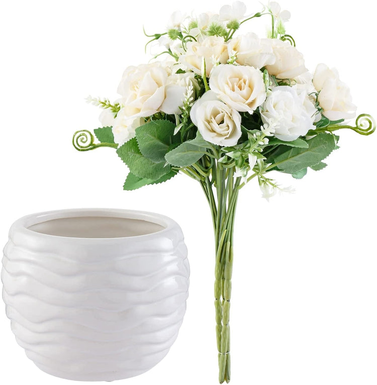 Fake Flower Arrangement in Vase, Artificial White Roses Bouquet with Round Ribbed Pattern Embossed White Ceramic Vase-MyGift