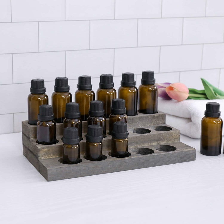 3-Tier, Vintage Gray Wood 17-Bottle Essential Oil Display Stand-MyGift