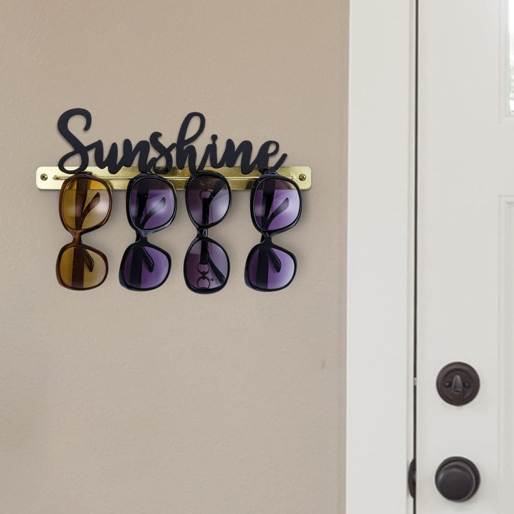 Brass Metal Wire Wall Mounted Sunglasses Holder with Matte Black Metal Cursive "Sunshine" Word Decoration-MyGift