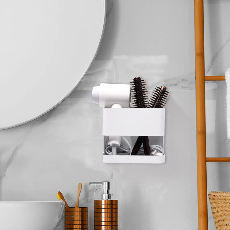 2-Slot White Metal Wall Mounted Hair Care Tool Organizer for Blow Dryer, Curling Iron, Straightener-MyGift
