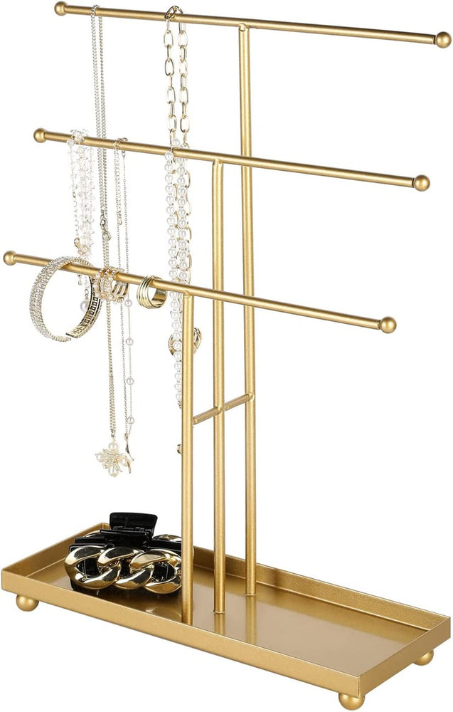 Tiered Brass Tone Metal Tabletop Jewelry Tower, Necklace Hanger, Earring Organizer Rack with Ring Dish Tray-MyGift