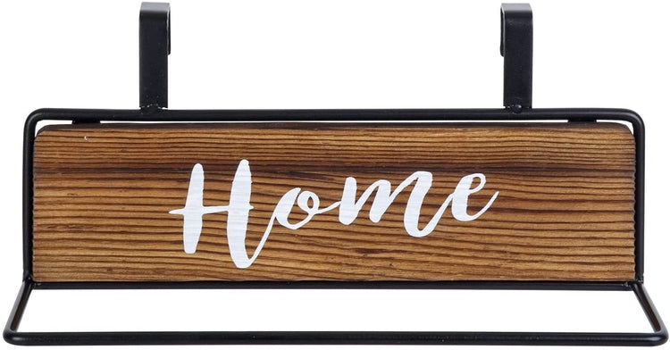Burnt Wood and Black Metal Over Cabinet Door Kitchen Hand Towel Bar Rack Hanger with White Cursive “HOME" Writing-MyGift