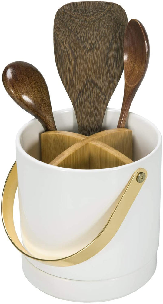 4 Compartment Modern White Ceramic Dining Utensil Caddy with Brass Carrying Handle-MyGift