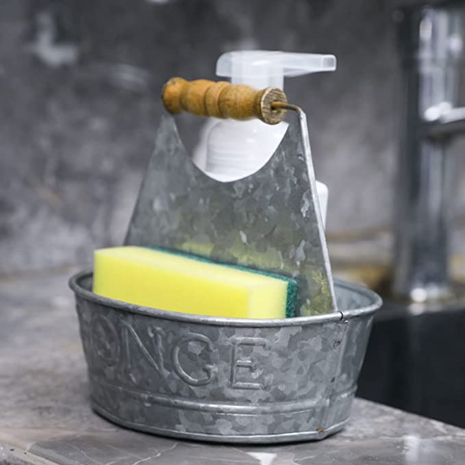 Sink Sponge Holder Storage Organize, Rustic Silver Galvanized Metal Bucket Shaped Kitchen Sponge Holder Tray-MyGift