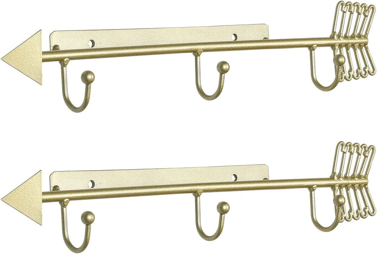Set of 2, Brass Tone Metal Arrow Wall Mounted Plate Holder Saucer Display Rack with 3 Hooks-MyGift