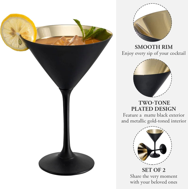 Set of 2, Matte Black and Metallic Gold Tone Plated Martini Glasses, Drinking Glass for Cocktail Party or Special Event-MyGift