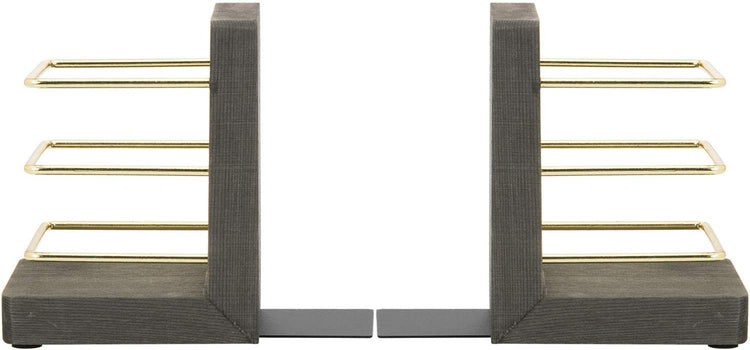 2 Piece Set, Vintage Gray Wood Decorative Bookends w/ Brass Metal Wire Pen Holder-MyGift