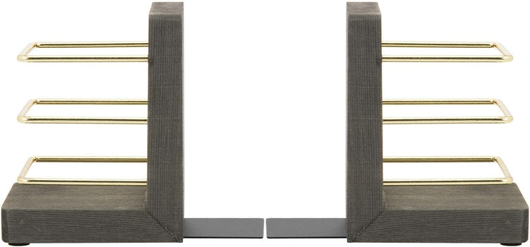 2 Piece Set, Vintage Gray Wood Decorative Bookends w/ Brass Metal Wire Pen Holder-MyGift