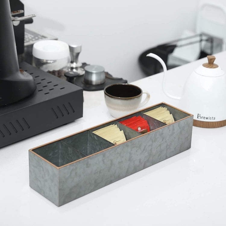Metal Tea Box Organizer, 5 Compartment Rustic Galvanized and Copper Tone Tea Bag Storage Holder Caddy-MyGift
