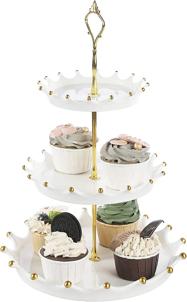 3-Tier Cupcake Stand Holder Serving Platter for Party Wedding, Splash Design White and Brass Ceramic Dessert Riser Display Tower-MyGift