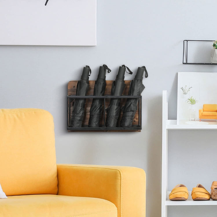 Burnt Wood and Black Metal Wall Mounted Umbrella Holder Storage Rack, 2 Piece Set-MyGift