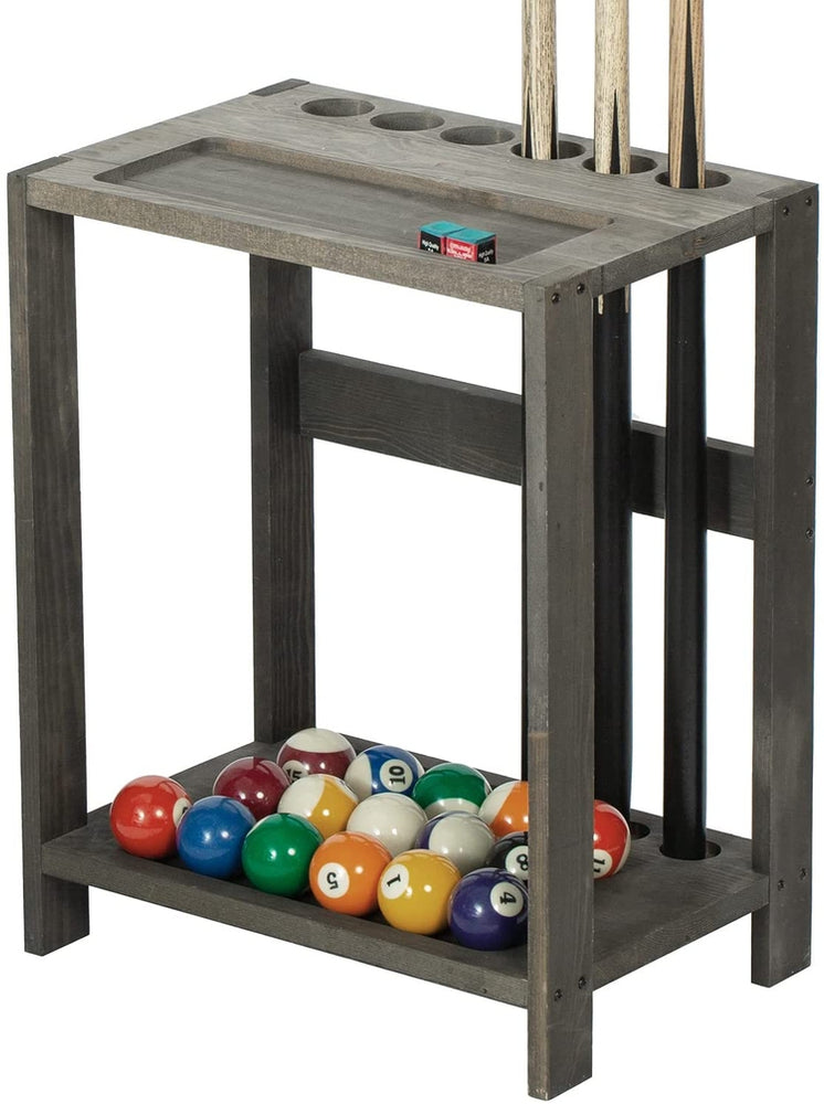 Gray Wood Billiards Pool Cue Rack Floor Stand with Ball and Chalk Storage Holder Slots-MyGift