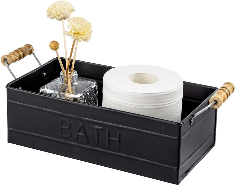 Matte Black Metal Bathroom Storage Basket with Wood Handles, Toiletries Holder Organizer Bin with Embossed BATH Label-MyGift