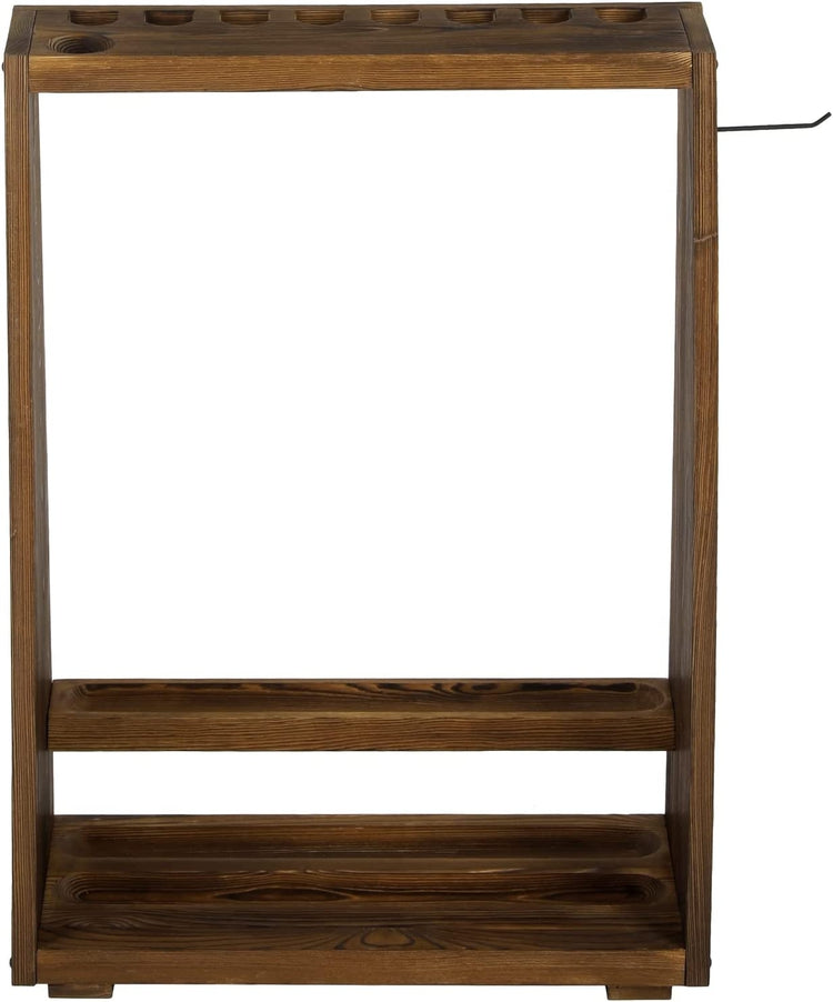 Burnt Brown Wood Freestanding Billiards Accessories Rack, Floor Standing Pool Cue Holder, Ball Shelf, and Triangle Hook-MyGift