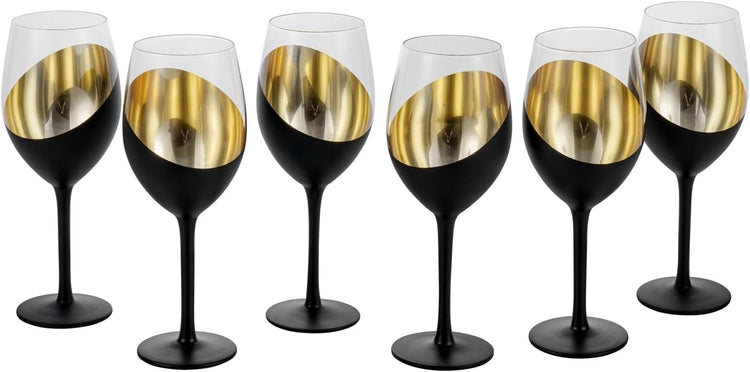 Matte Black and Gold Stemmed Wine Glasses, Elegant Angled Design Wine Glasses, Set of 6-MyGift