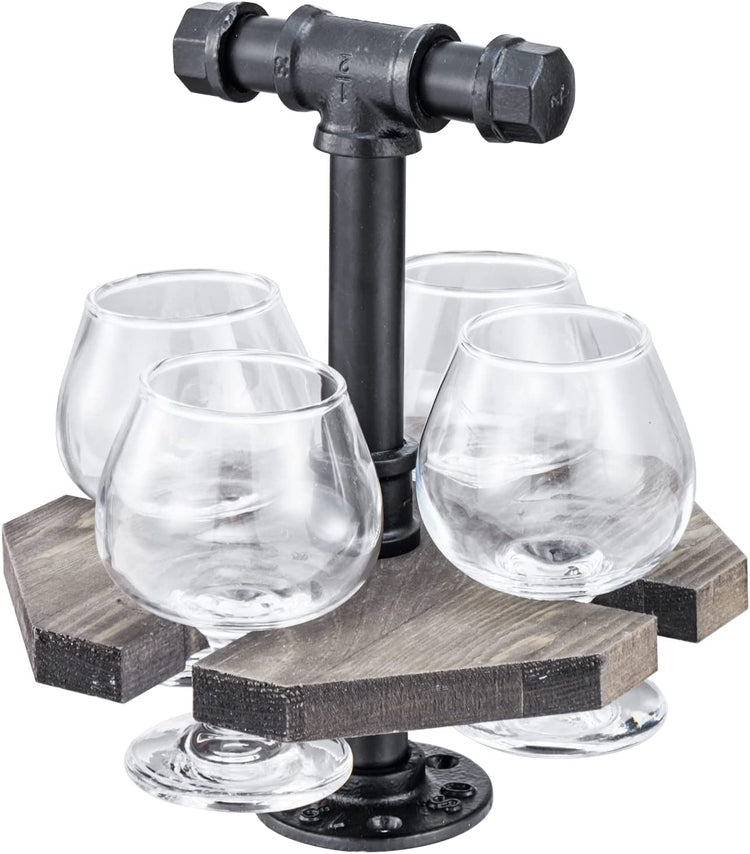 Industrial Pipe and Weathered Gray Wood Beer, Whiskey Flight Set with 4 Glasses-MyGift