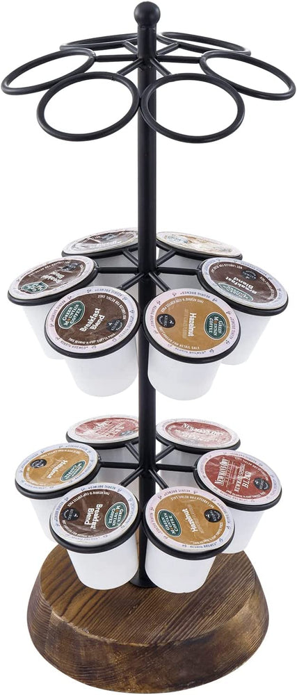 Round Tabletop Coffee Pod Holder, Wood and Black Metal Wire Coffee Station Organizer Stand, Holds 18 Pod Cups-MyGift