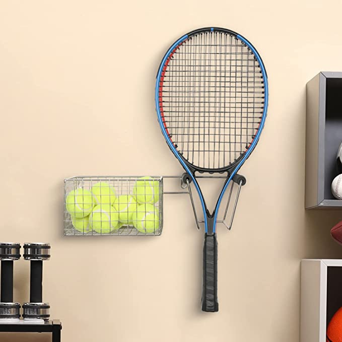 Hanging Tennis Balls and Racquet Sport Equipment Organizer, Basket and Rack for Tennis Racket and Ball Storage-MyGift