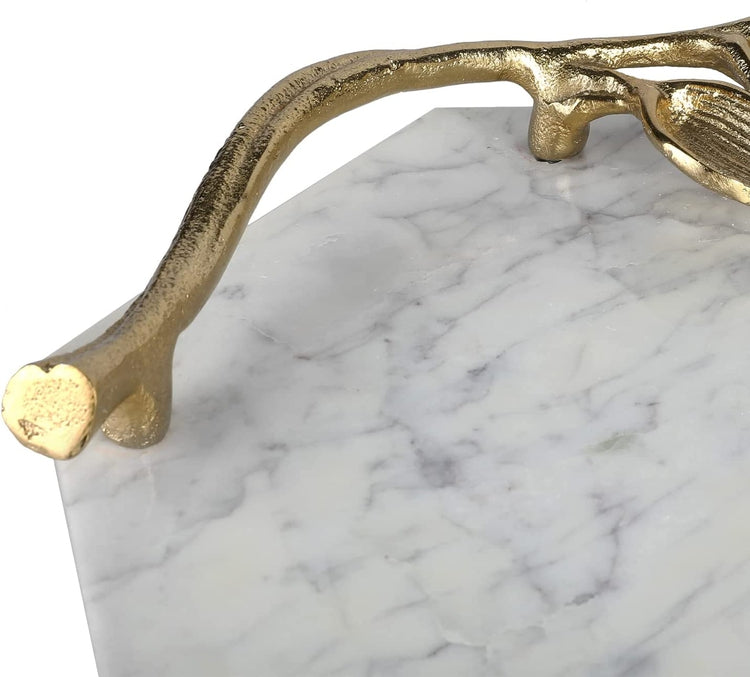 White Marble Tray with Brass Tone Leaf Shaped Handles, Elegant Decorative Tray Home Decoration-MyGift