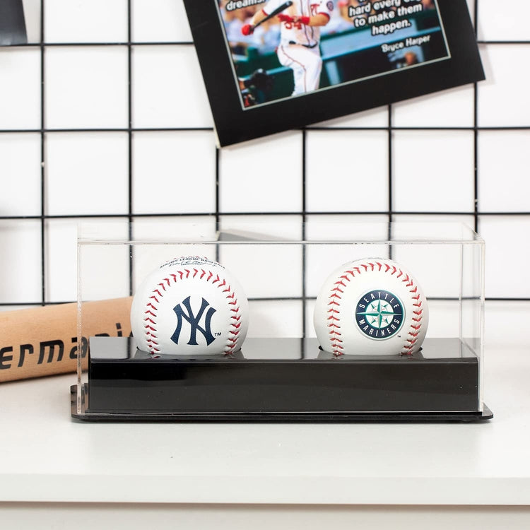 Premium Clear and Black Acrylic Tabletop 2 Baseball Holder Display Case for Collectible Balls-MyGift