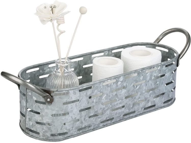 Galvanized Metal Storage Basket with Handles, Farmhouse Perforated Bathroom Potpourri Holder, Toiletries Organizer Bin-MyGift