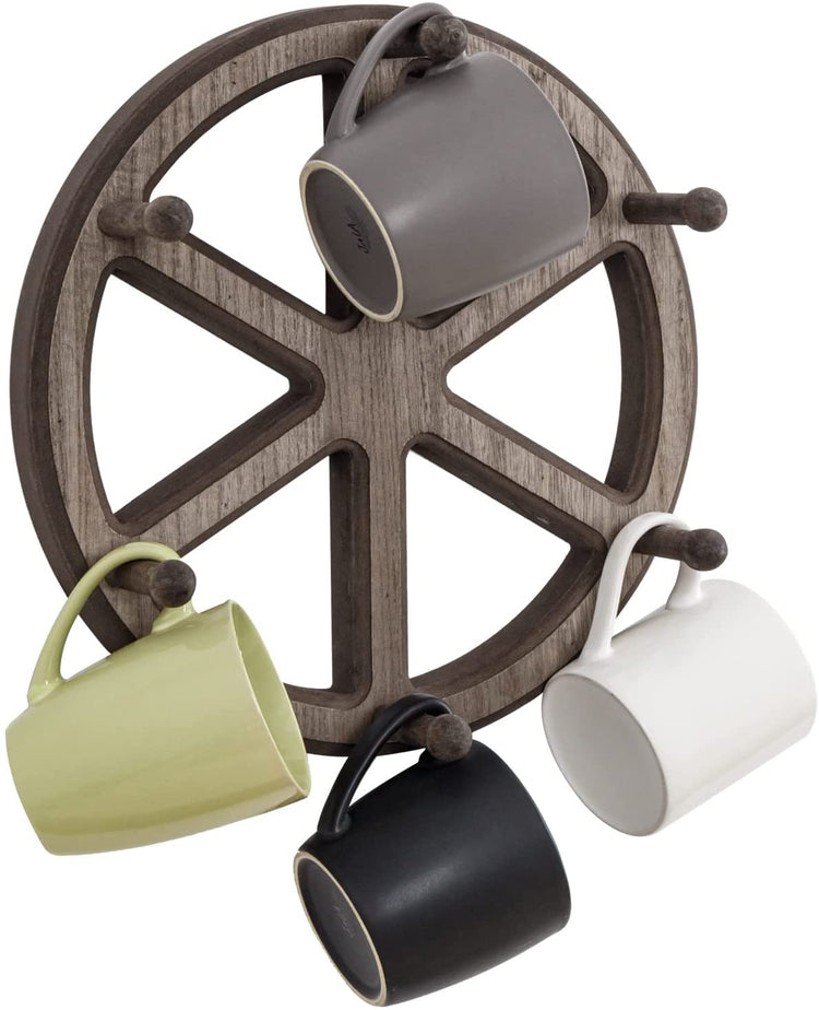 Wall Mounted Mug Holder, Ship Wheel Shaped Hanging Cup Storage Rack, Holds 6 Coffee Mugs-MyGift