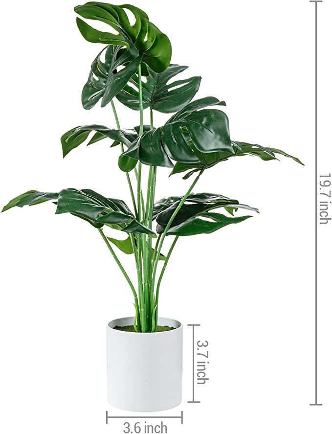 Artificial Tropical Palm Tree in Modern White Planter Pot, 20-inch Fake Garden Monstera Plant-MyGift