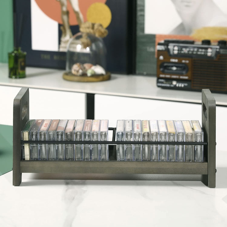 Gray Wood and Black Metal Wire Retro Cassette Tape Storage Holder Display Rack-MyGift