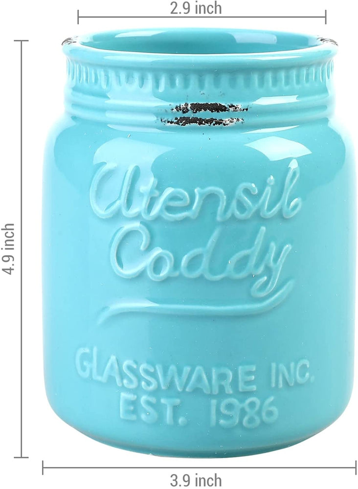 Set of 3, Aqua Ceramic Embossed Mason Jar Kitchen Utensil Flatware Caddy-MyGift