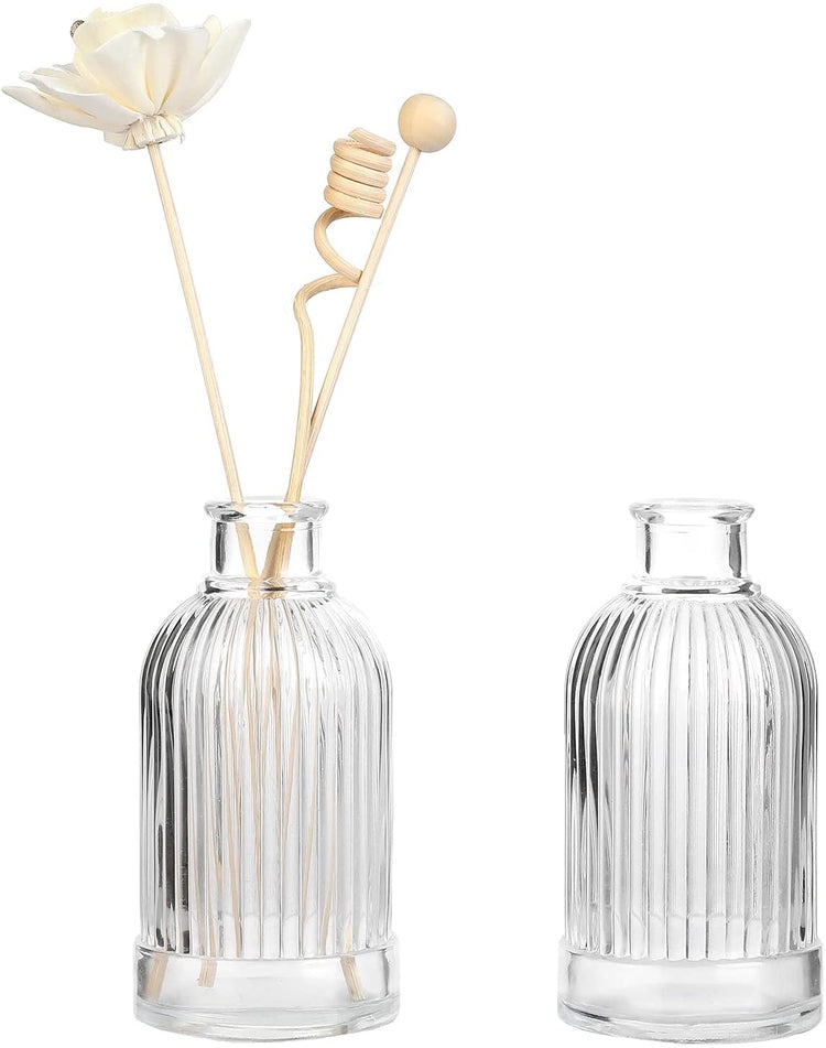 Set of 2, Embossed Clear Glass Reed Diffuser Bottles Rounded Miniature Flower Vases with Vertical Ribbed Textured Design-MyGift