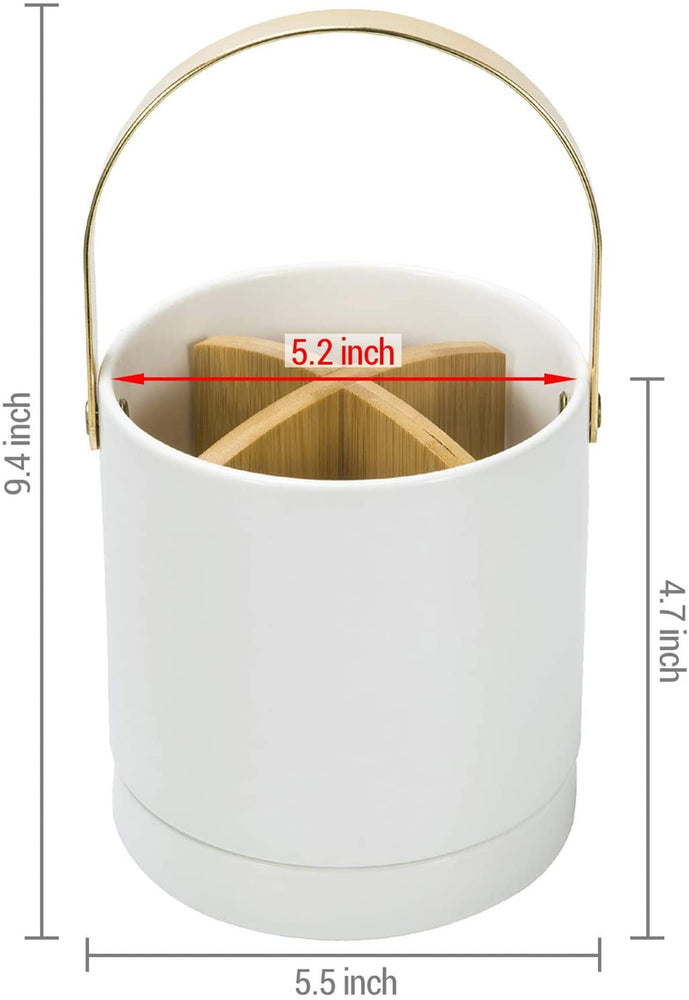4 Compartment Modern White Ceramic Dining Utensil Caddy with Brass Carrying Handle-MyGift