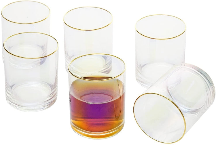 15 oz Iridescent Lowball, Old Fashioned Rocks Glasses with Gold Rim, Set of 6 Drinking Tumbler Beverage Glasses-MyGift