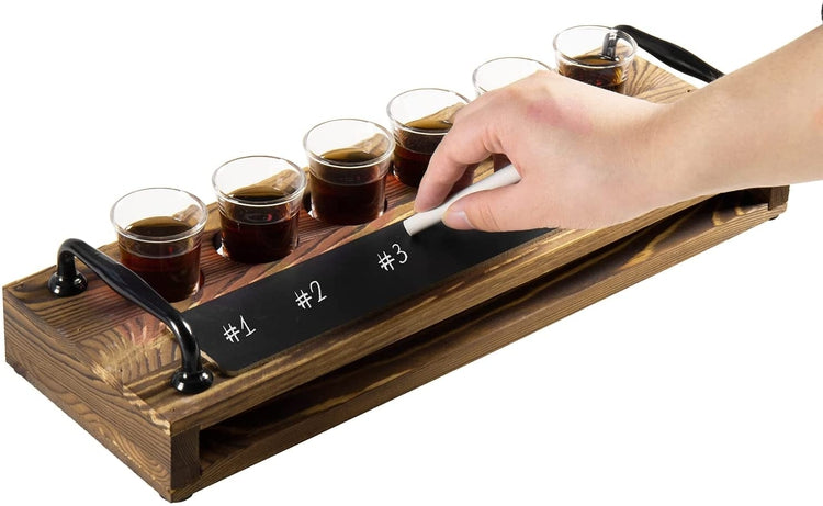 Tequila Shot Glass Liquor Flight Tasting Set Includes Burnt Wood Serving Tray with Chalkboard Panel and 6 Shot Glasses-MyGift