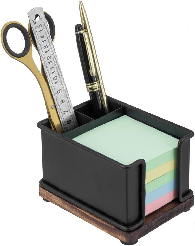 Industrial Matte Black Metal Office Stationery Organizer with Sticky Note Holder, 2 Pen Storage Compartments-MyGift
