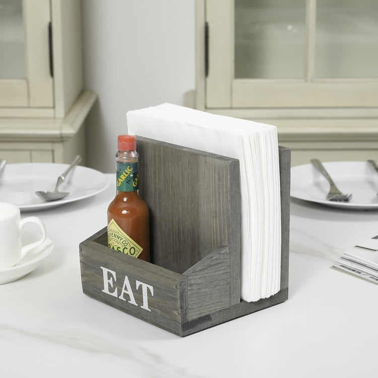2 Compartment Gray Wood Napkin Holder Rack with Spice Shakers, Condiment Bin and Bold White Printed EAT Lettering-MyGift