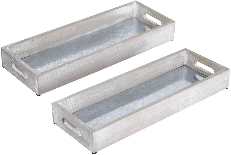 Set of 2, Wood and Rustic Galvanized Metal Rectangular Serving Trays, Decorative Ottoman Trays with Handles-MyGift
