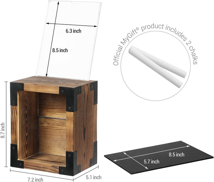 Torched Wood Suggestion Box, Donation and Tip Box with Key, Window Panel and Interchangeable Chalkboard and Sign Holder-MyGift