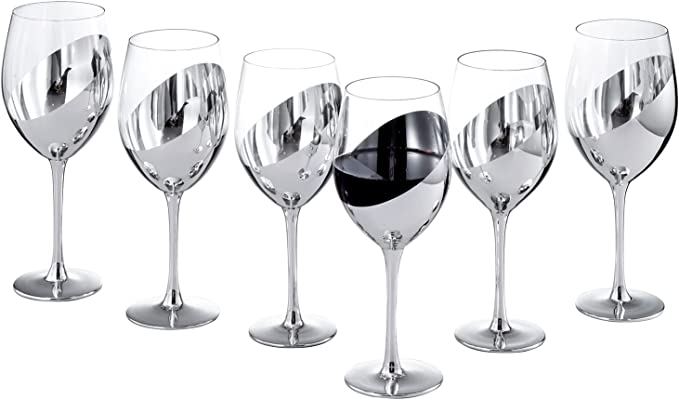 Modern 14 oz Stemmed Wine Glasses with Silver Angled Metallic Accent Design, Set of 6-MyGift