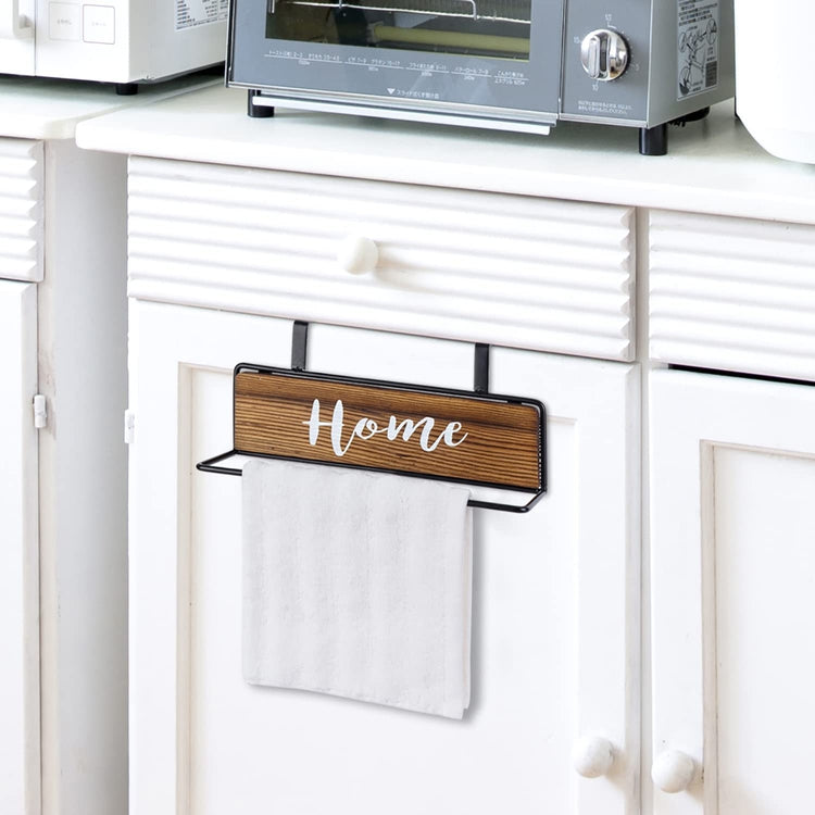 Burnt Wood and Black Metal Over Cabinet Door Kitchen Hand Towel Bar Rack Hanger with White Cursive “HOME" Writing-MyGift