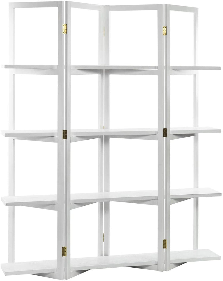 4-Panel Open Bookcase White Wood Room Divider with 4 Shelves-MyGift