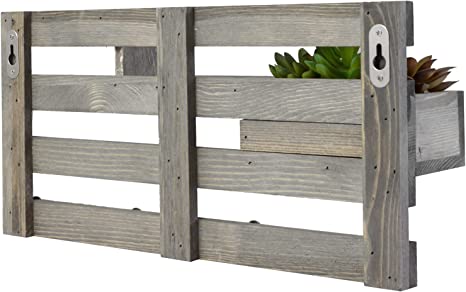 Vintage Gray Wood Key Rack for Wall Entryway with Tiered Shelving and Artificial Succulent Planter Box-MyGift