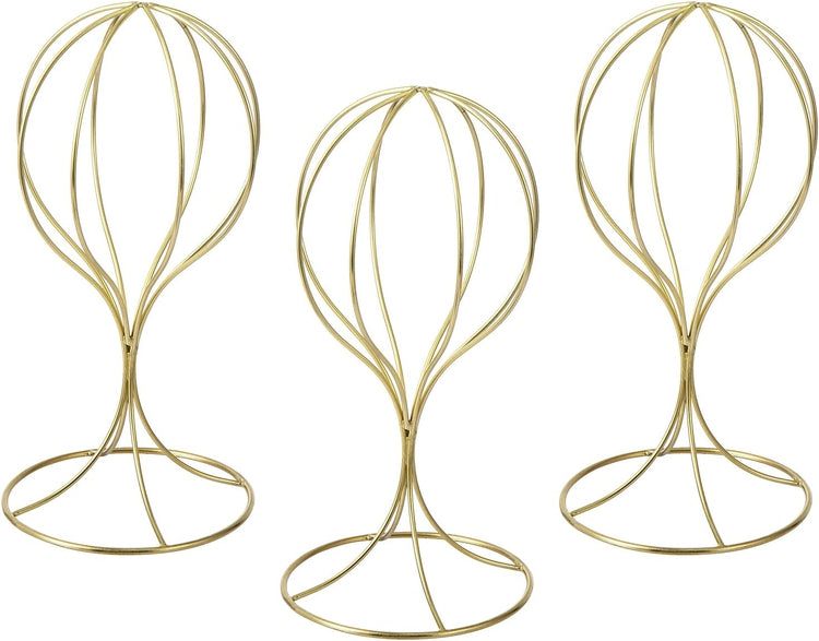 Brass Metal Wig Display Stand, Tabletop Hat Rack, Baseball Cap Storage Form, Set of 3-MyGift