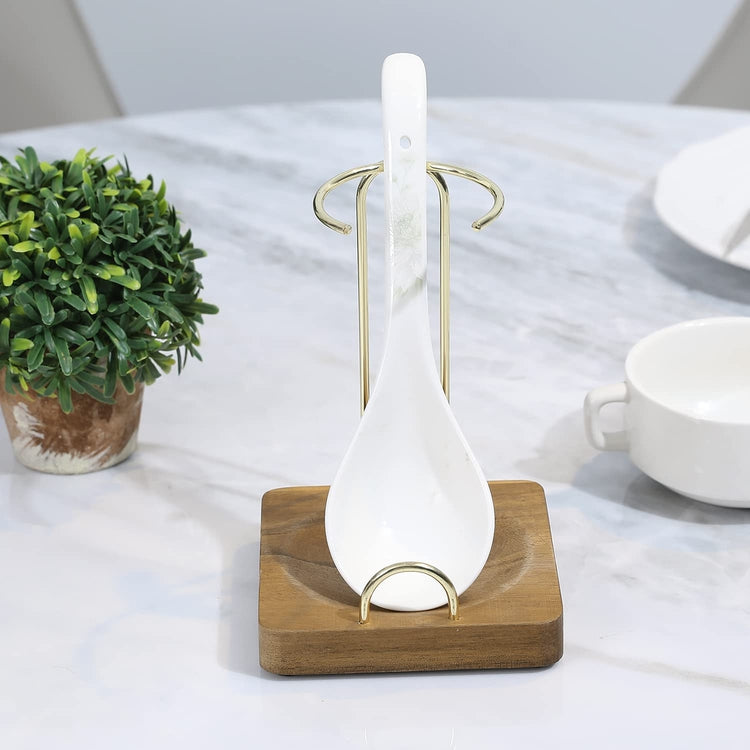 Upright Spoon Rest, Acacia Wood and Brass Tone Metal Wire Vertical Standing Ladle Holder-MyGift
