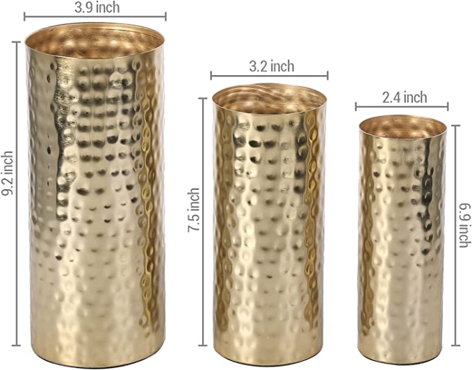 Hammered Metal Cylinder Flower Vases Set of 3, Tall Modern Brass Tone Decorative Centerpiece Vases-MyGift