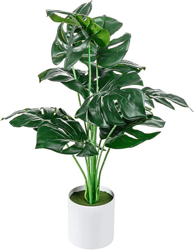 Artificial Tropical Palm Tree in Modern White Planter Pot, 20-inch Fake Garden Monstera Plant-MyGift