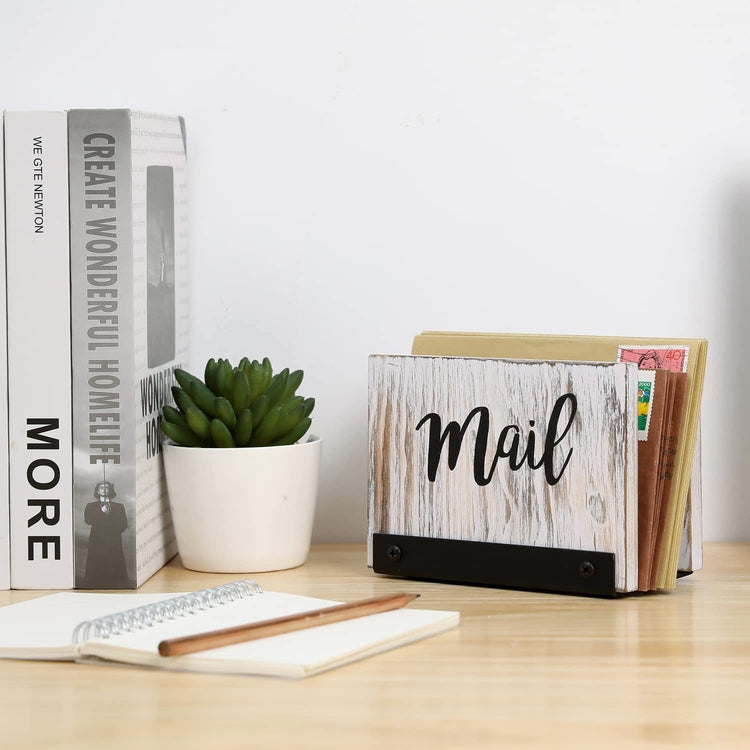 Mail Holder Letter Sorter, Desk Organizer in Whitewashed Wood and Matte Black Metal with MAIL Cursive Print-MyGift