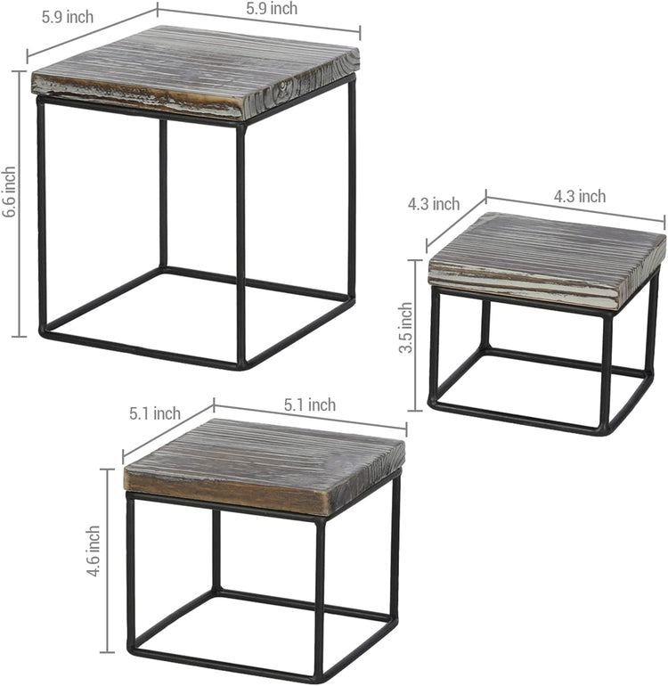 Set of 3, Torched Wood and Black Metal Square Cupcake Stands, Food Dessert Display Risers, Retail Merchandise Stands-MyGift